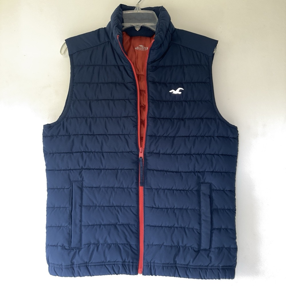 Hollister Puffer Vest Mens Small Navy Blue Orange Quilted Full Zip Sleeveless